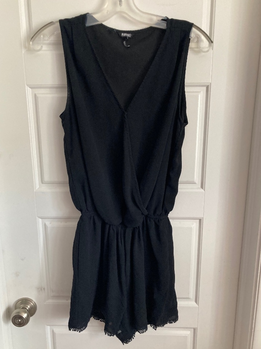 Buffalo David Bitton Black Sleeveless Surplice Lace Hem Romper - Size XS